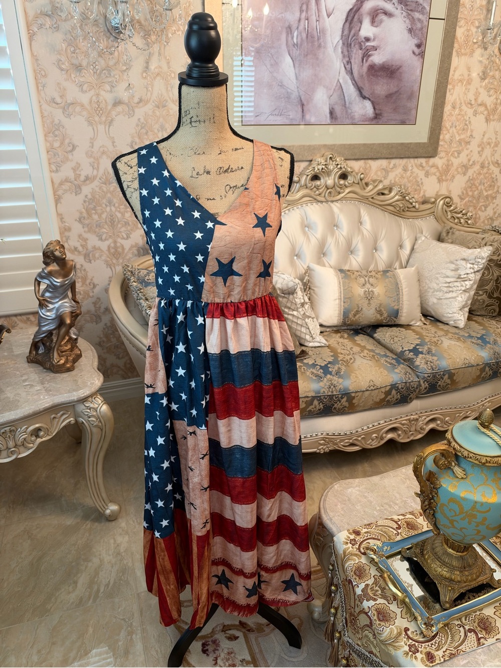 NEW—Patriot Star&Stripe Sleeveless Home Accent Dress Display Red, Blue, White
